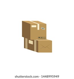 Two brown cardboard boxes stacked on each other cartoon style, vector illustration isolated on white background. Pile of parcel delivery containers from corrugated carton