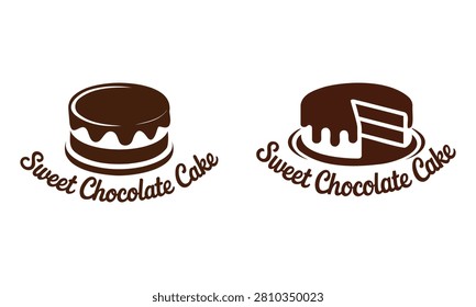 Two brown chocolate cake logos on transparent background with text