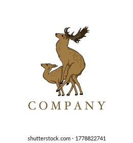 Two brown deer are mating vector logo template