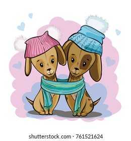two brown dogs in winter clothes connected by one scarf, postcard, valentine