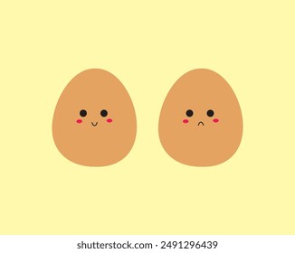 Two brown eggs isolated on a yellow background show two different expressions. Art, cartoons, food, breakfast, protein, vector, icons and emoji. Flat cartoon style. 