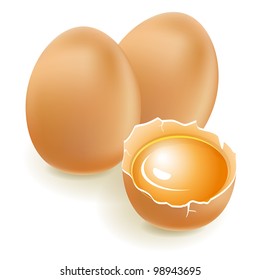 Two Brown Eggs And One Egg Yolk In The Shell.