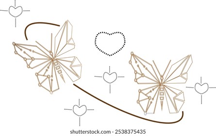 Duas borboletas geométricas marrons com padrões cardíacos, pontos pretos e linhas curvas. Ideal para projetos com temas naturais ou conceitos românticos.