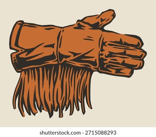 Two brown gloves are positioned in a gesture with strands of hair-like material at the wrist suggesting a playful or artistic theme. The background is neutral.