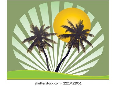 two  brown and gold edge coconut trees with moon  and rays in the background and a green background