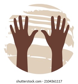 Two brown hands close up. Pale sand color abstract spot as backdrop. Open palms with wrists silhouettes. Human body details isolated. Right and left human hands raised up. Support, hope, peace symbol.