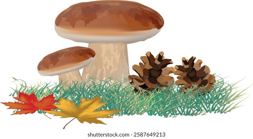 Two brown mushrooms growing in the grass with pine cones