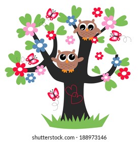two brown owls in a tree love friendship