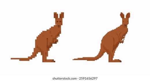 Two brown pixel art kangaroos facing forward. notable features include ears and long curved tails.