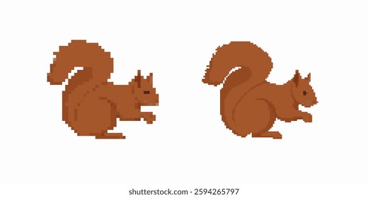 Two brown pixel art squirrels with bushy tails and simple details face opposite directions.