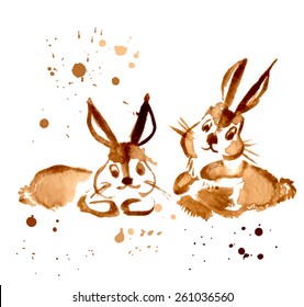 Two Brown Rabbit Painted Coffee. Vector Illustration