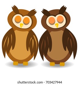 Two brown sleeping owls with closed eyes