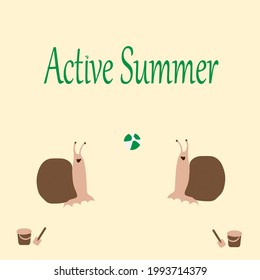 
Two brown snails playing green ball on the sand. Vector illustration