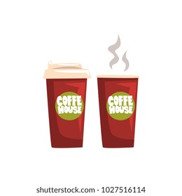 Two brown take away paper coffee cups, hot coffee disposable to go cups with lids and inscription Coffee House cartoon vector Illustration on a white background