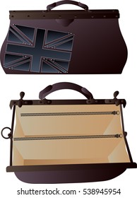 Two brown valise - one is closed and with Flag of the Great Britain and one is open unbuttoned