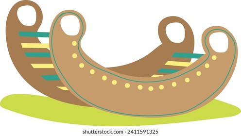 Two brown Viking ships with striped sails on a green surface. Cartoon Norse longboats without crew, flat design for children's book. Nautical, adventure, exploration vector illustration.