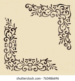 Two brown vintage corners. Elegant hand drawn retro floral border. Grunge design element for wedding invitation or menu, banner, postcard, save the date card. Vector illustration.