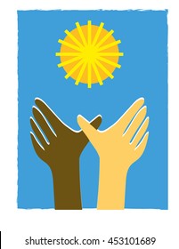 Two brown and white hands reaching for a stylized sun as a metaphor for equality or solar energy
