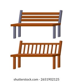 Dois bancos de parque de madeira marrom com grelha de costas em design plano simples sobre fundo branco, conceito de móveis ao ar livre e assentos. Ilustração vetorial isolada no plano de fundo branco