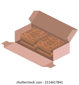 Two brownies in a brown paper box. Hand drawn line brownies. Brownies and packaging.