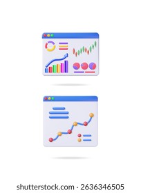 Two browser windows with business data visualization. Financial charts, growth graph, and stock market analysis. 3D vector set concept for investment design.