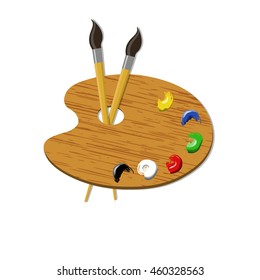 two brushes and palette with paints. vector illustration
