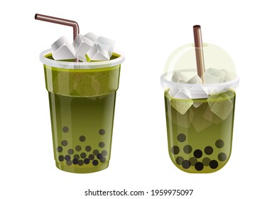 Two Bubble Green tea glasses, Ice Pearl milk green tea, yummy drinks, and soft drinksVector illustration on white background.