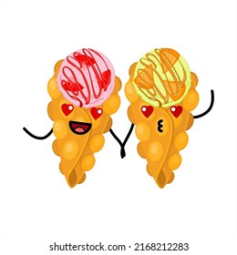 Two bubble waffles holding hands. Bubble waffles with ice cream. Cute kawaii hong kong waffles on a white background. Creative concept offer for 14 February. In love wafers. 