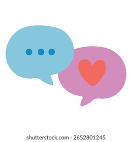 Duas bolhas de conversa. Uma bolha azul macia contém elipses, sugerindo uma pausa ou mensagem em andamento, enquanto uma bolha rosa pastel segura um coração vermelho, representando afeto. Ilustração de ícone de vetor
