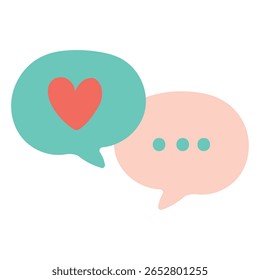 Duas bolhas de conversa. Uma bolha turquesa macia contém elipse e um coração vermelho representando afeto, enquanto uma bolha rosa pastel sugerindo uma mensagem de pausa ou em andamento