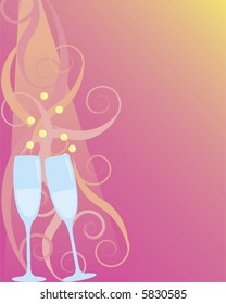 Two Bubbly Champagne Glasses Toasting Against Pink And Yellow Swirly Background.