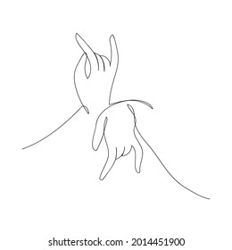 Two Buddha hands drawn in one line. Symbol of Buddhism, Yoga, Hinduism, Spirituality. Yoga mudra. Black and white vector illustration.