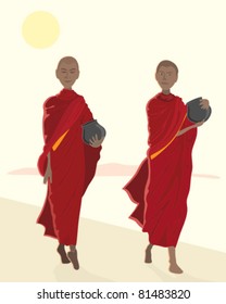 two buddhist monks wearing maroon robes carrying alms bowls as they walk, vector illustration in eps 8 format