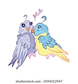 two budgies. beautiful parrots. love couple. no gender. vector illustration. image for stickers, sketchbooks, postcards.❤️