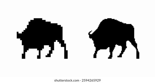 Two buffalo silhouettes show strength and grace. their stances highlight their muscular build.