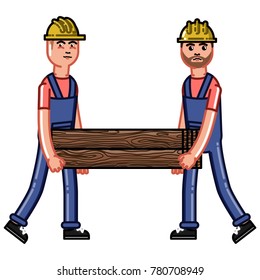 Two builders bears a timber