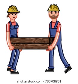 Two builders carry timber