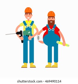 two builders  isolated on white background.
