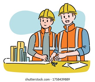 Two builders are talking while looking at the blueprint. hand drawn style vector design illustrations. 