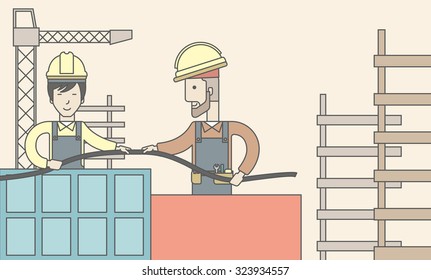 Two builders wearing hard hat working on construction site with hose. Vector line design illustration. Horizontal layout with a text space.