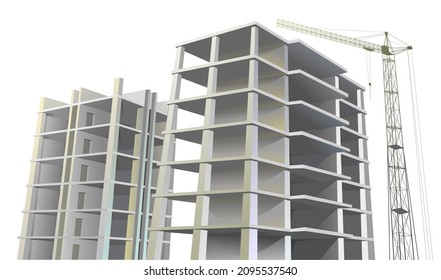 Two Building construction. Reinforced concrete slabs and floors. Residential house or office. Unfinished object. Realistic style. Lifting crane. Isolated on white background. Bottom view. Vector.