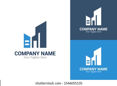 Two building with different blue color. Building letter M logo design. Modern logo for company