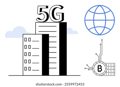 Two buildings with 5G symbol. Blue globe on the right represents worldwide connectivity. Bitcoin logo below symbolizing cryptocurrency. Ideal for technology, communications, internet, global