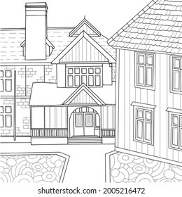 Dos edificios de arquitectura. Antiestrés de libro de colores para adultos y niños, calle de casa, paisaje urbano. Ilustración aislada sobre fondo blanco. Estilo de esquema.
