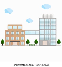 Two buildings. The connection bridge. The flat design. Modern glass skyscraper. Clouds and trees. Vector illustration.
