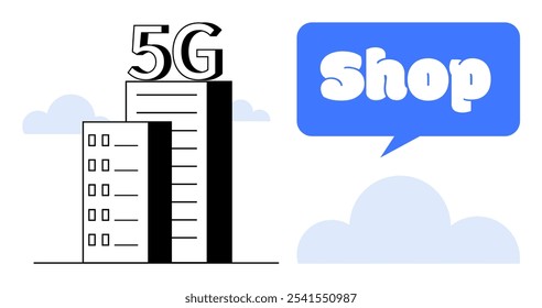 Dos edificios con la etiqueta 5G y una burbuja azul del discurso con la palabra Tienda. Ideal para tecnología, compras en línea, telecomunicaciones, negocios y temas de ciudades modernas. Estilo de Vector simple