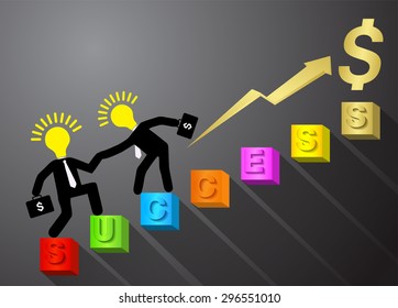 Two Bulb Idea Businessman climbing ladder to Success. Vector illustration. Businessman climbing to goal. Motivation concept to be successful. winner. finish. win. flat design. money