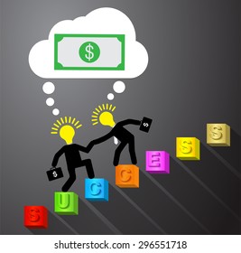 Two Bulb Idea Businessman climbing ladder to Success. Vector illustration. Businessman climbing to goal. Motivation concept to be successful. winner. finish. win. flat design. money