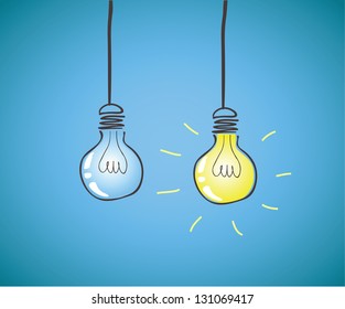 two bulbs with dark one and shining one