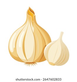 Two bulbs of garlic, one large and one small, are depicted against a white background. The garlic bulbs are illustrated in a stylized manner with smooth curves and shading.